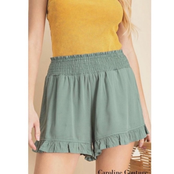 NWT Kori Green High Waist Shorts with Flowy Ruffle Hem - Picture 3 of 7